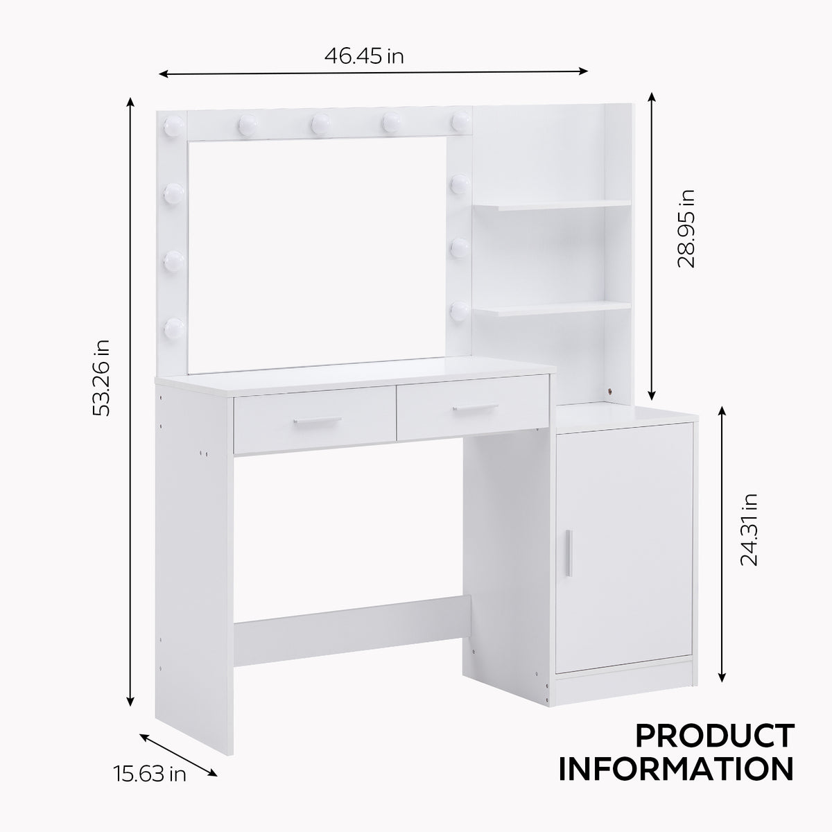 THE FURNITURE CO. Vanity Default Vanity Desk with Mirror and Lights, 46.4IN Dressing Table with 2 Large Drawers and 3 Adjustable Brightness Modes In White