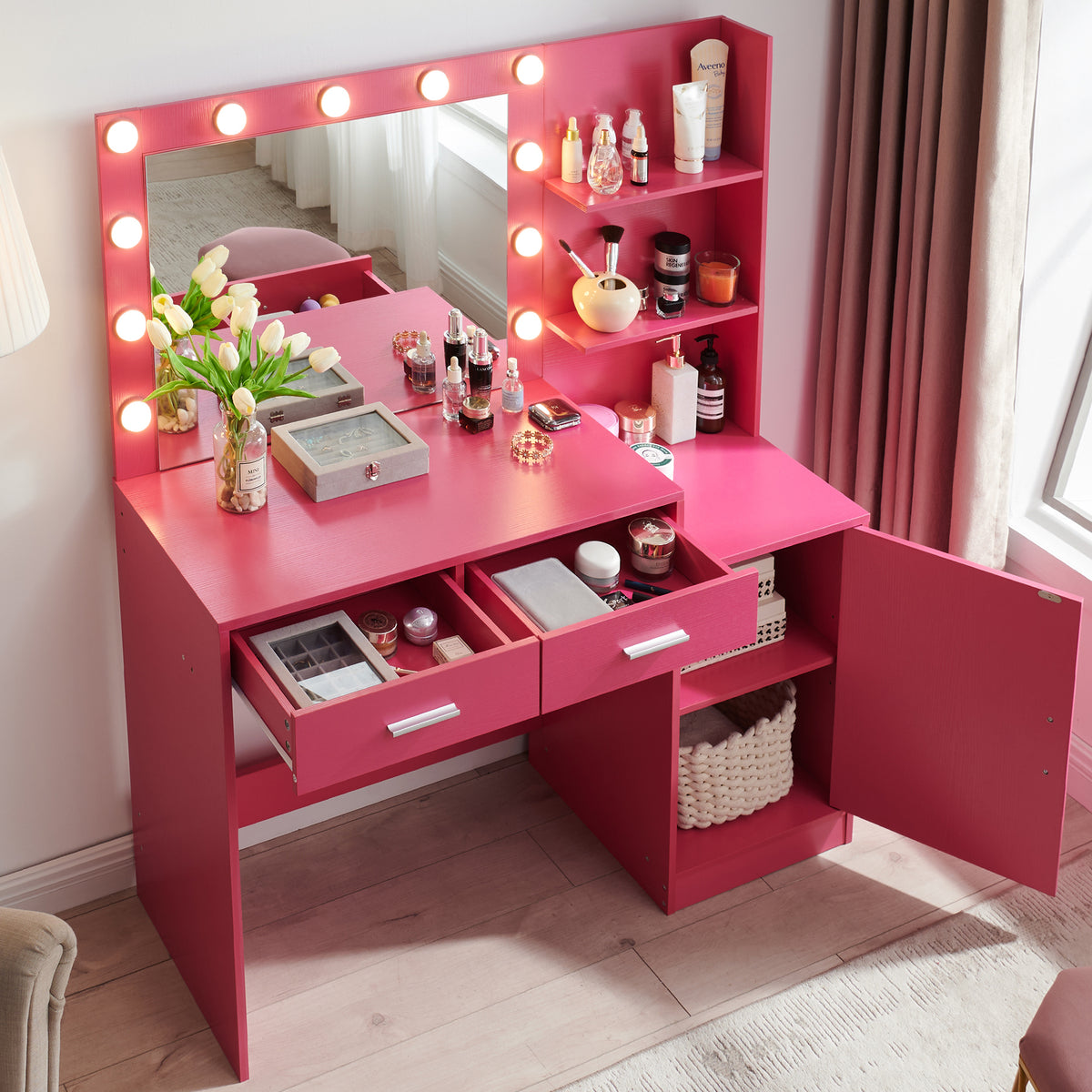 THE FURNITURE CO. Vanity Default Vanity Desk with Mirror and Lights, 46.4IN Dressing Table with 2 Large Drawers and Vertical Organizer In Rose Pink