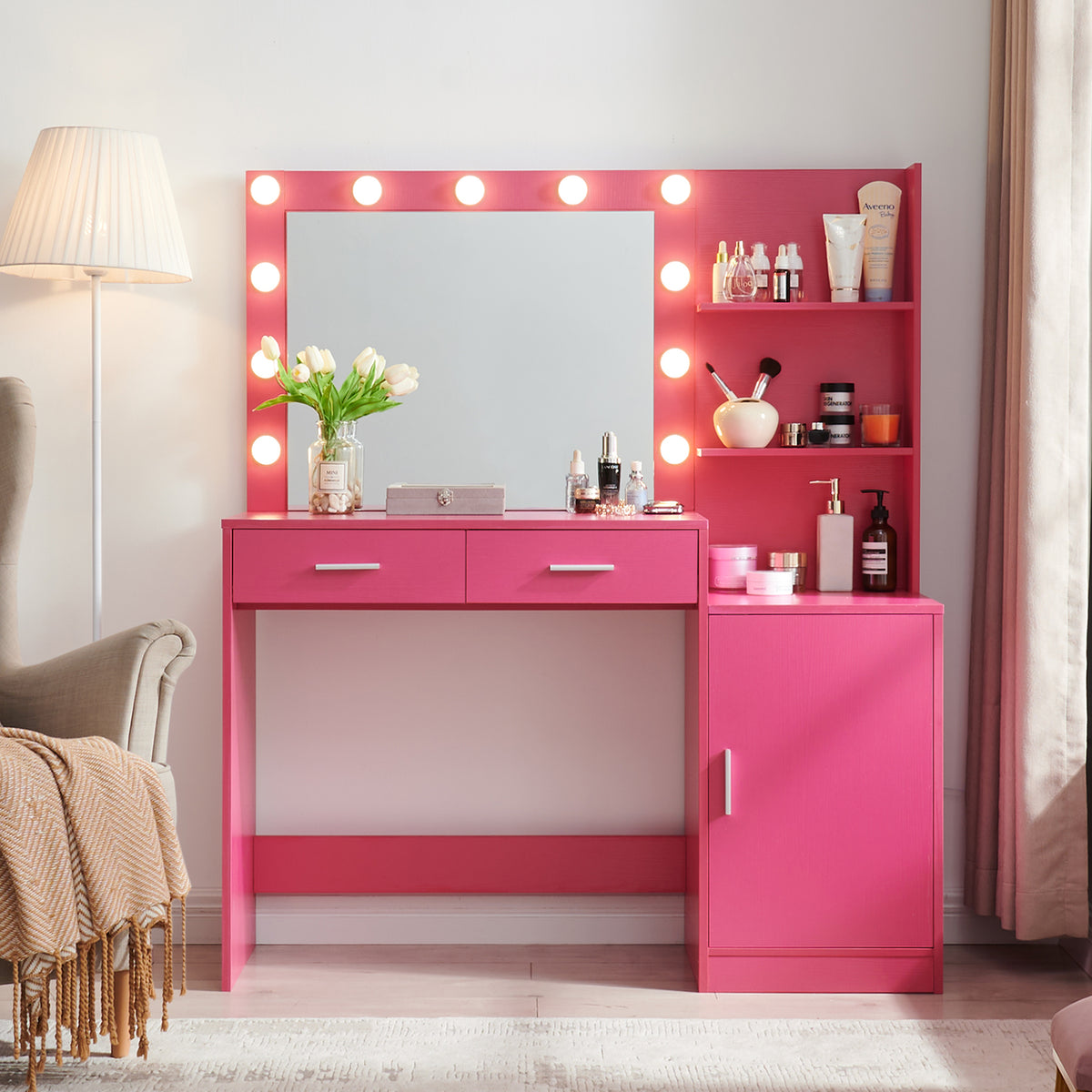 THE FURNITURE CO. Vanity Default Vanity Desk with Mirror and Lights, 46.4IN Dressing Table with 2 Large Drawers and Vertical Organizer In Rose Pink