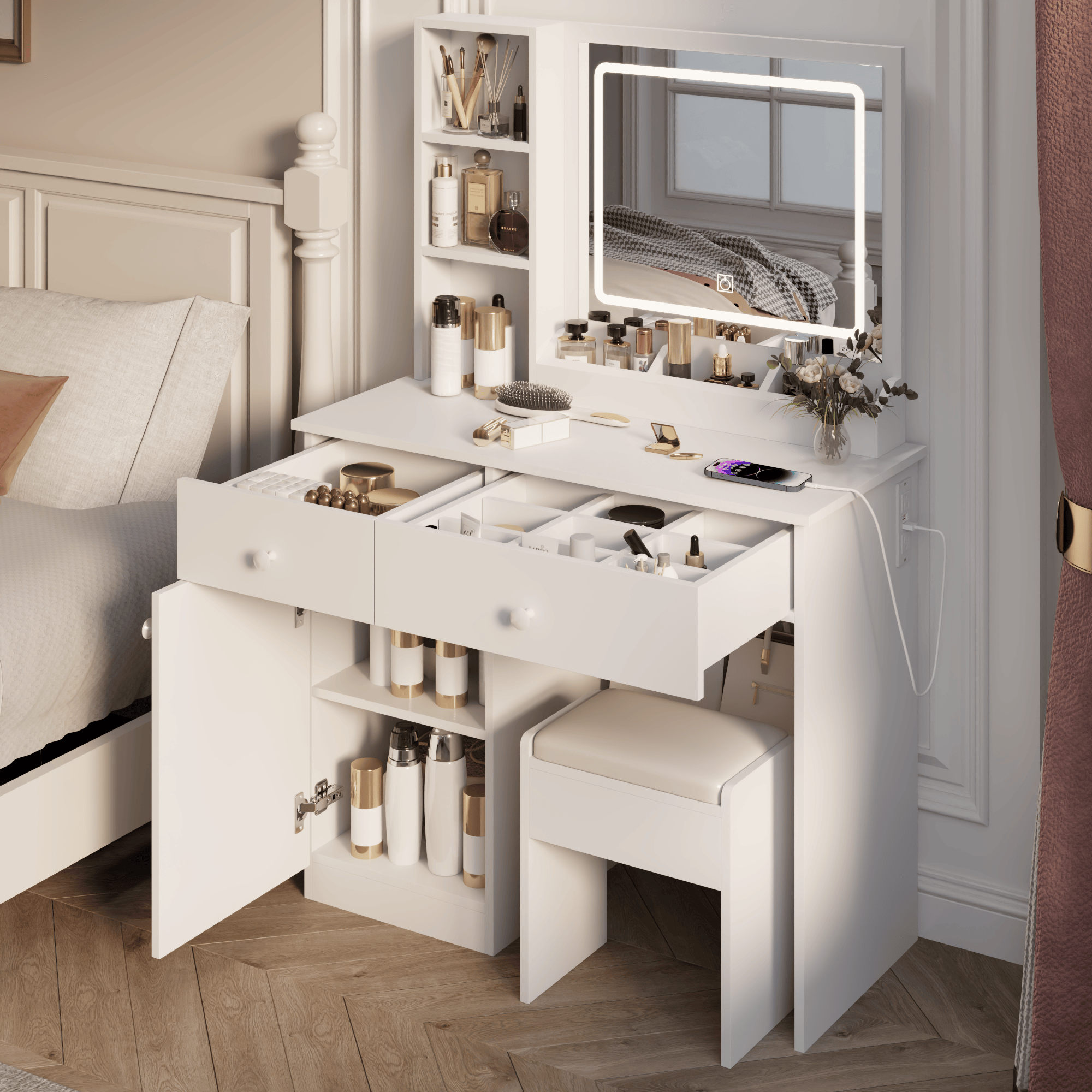 THE FURNITURE CO. Vanity Default Vanity Desk with Mirror and Lights for Makeup Adjustable Brightness with 3 Color Options and 2 Big Drawers In White