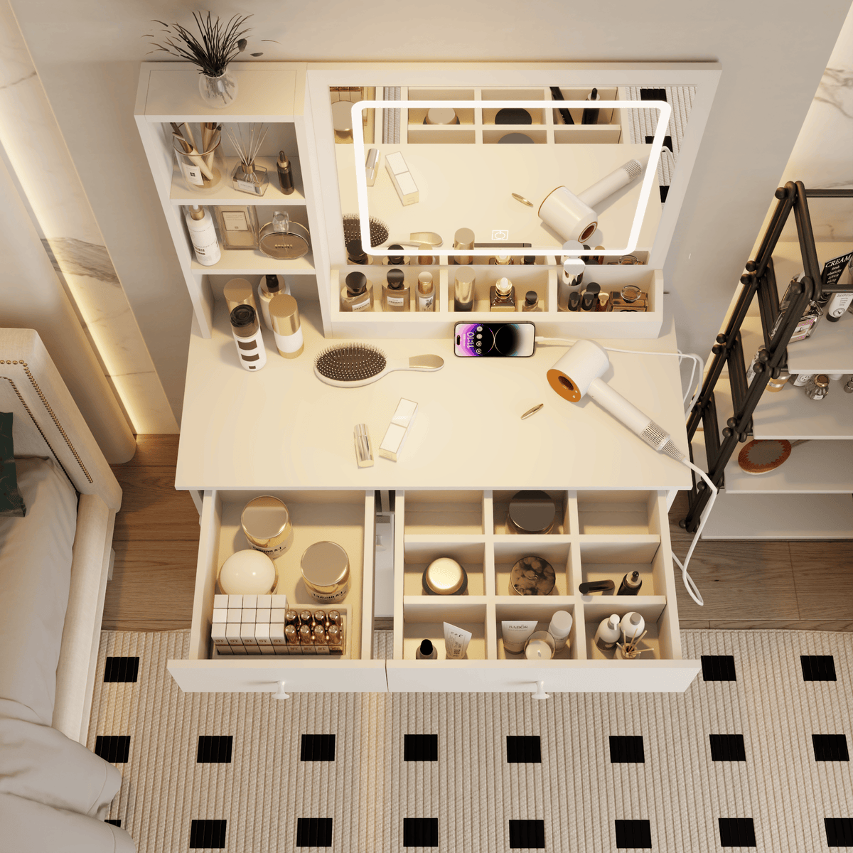 THE FURNITURE CO. Vanity Default Vanity Desk with Mirror and Lights for Makeup Adjustable Brightness with 3 Color Options and 2 Big Drawers In White