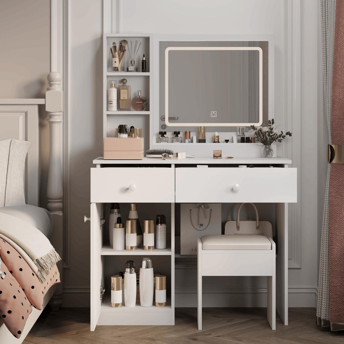 THE FURNITURE CO. Vanity Default Vanity Desk with Mirror and Lights for Makeup Adjustable Brightness with 3 Color Options and 2 Big Drawers In White