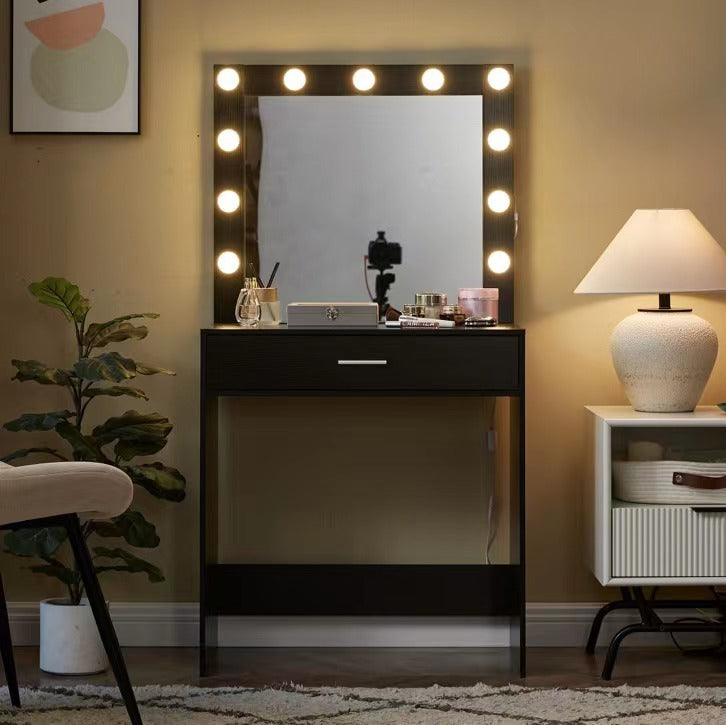 THE FURNITURE CO. Vanity Default Vanity Desk with Mirror and Lights for Makeup, Large Drawer and 3 Adjustable Lighting Modes, Perfect for Bedroom In Black