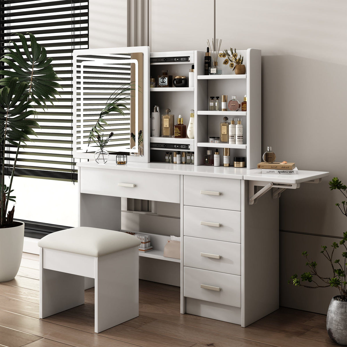 THE FURNITURE CO. Vanity Default Vanity Desk with Mirror and Lights for Makeup with 5 Drawers and Open Shelves Adjustable Brightness In White