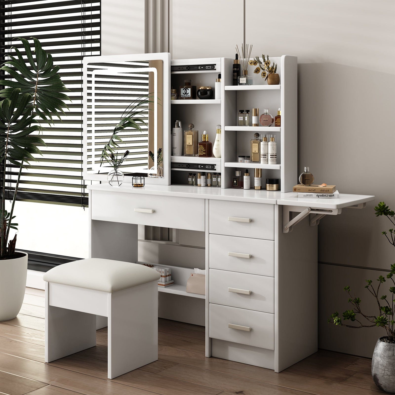 THE FURNITURE CO. Vanity Default Vanity Desk with Mirror and Lights for Makeup with 5 Drawers and Open Shelves Adjustable Brightness In White