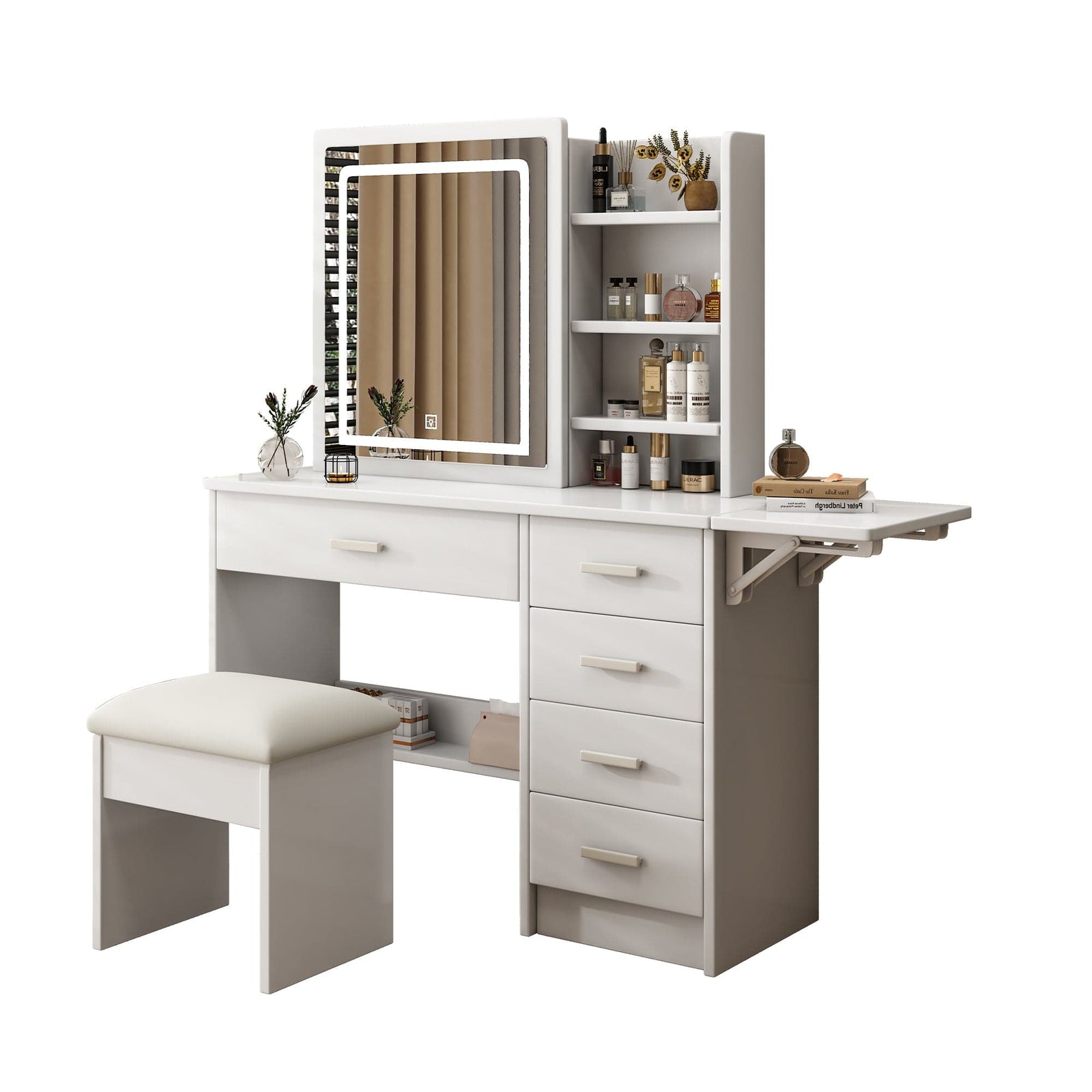 THE FURNITURE CO. Vanity Default Vanity Desk with Mirror and Lights for Makeup with 5 Drawers and Open Shelves Adjustable Brightness In White