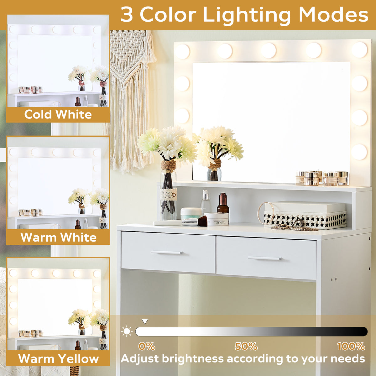 THE FURNITURE CO. Vanity Default Vanity Desk with Mirror and Lights, Large Drawer, 3 Brightness Modes for Easy Storage In White