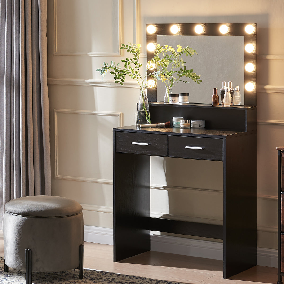 THE FURNITURE CO. Vanity Default Vanity Desk with Mirror and Lights Large Drawer 3 Lighting Modes Adjustable Brightness In Black