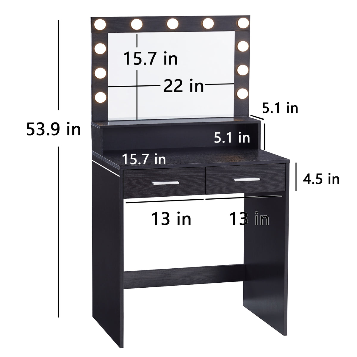 THE FURNITURE CO. Vanity Default Vanity Desk with Mirror and Lights Large Drawer 3 Lighting Modes Adjustable Brightness In Black