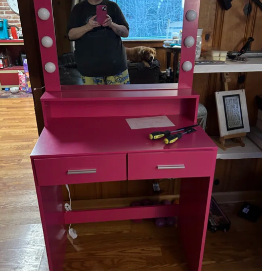 THE FURNITURE CO. Vanity Default Vanity Desk with Mirror and Lights, Large Drawer, 3 Lighting Modes for Makeup in Rose Pink