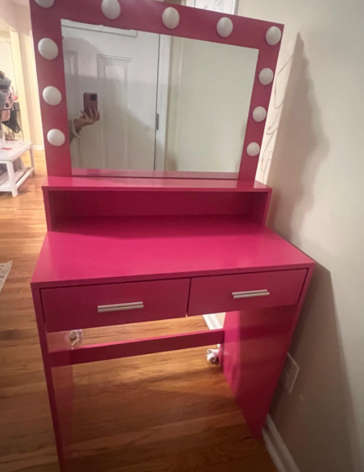 THE FURNITURE CO. Vanity Default Vanity Desk with Mirror and Lights, Large Drawer, 3 Lighting Modes for Makeup in Rose Pink