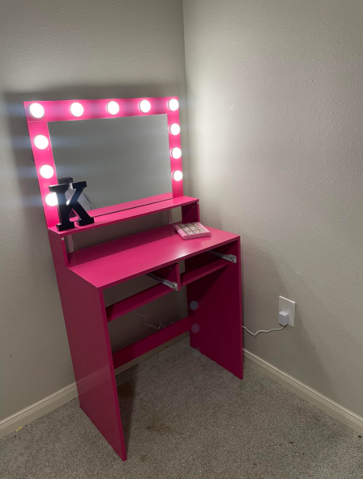 THE FURNITURE CO. Vanity Default Vanity Desk with Mirror and Lights, Large Drawer, 3 Lighting Modes for Makeup in Rose Pink