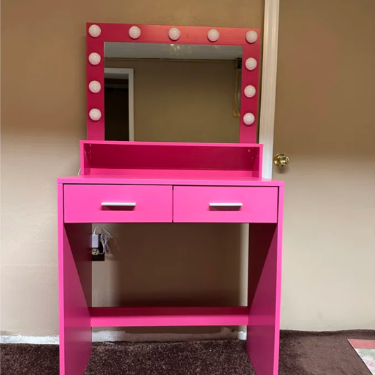 THE FURNITURE CO. Vanity Default Vanity Desk with Mirror and Lights, Large Drawer, 3 Lighting Modes for Makeup in Rose Pink