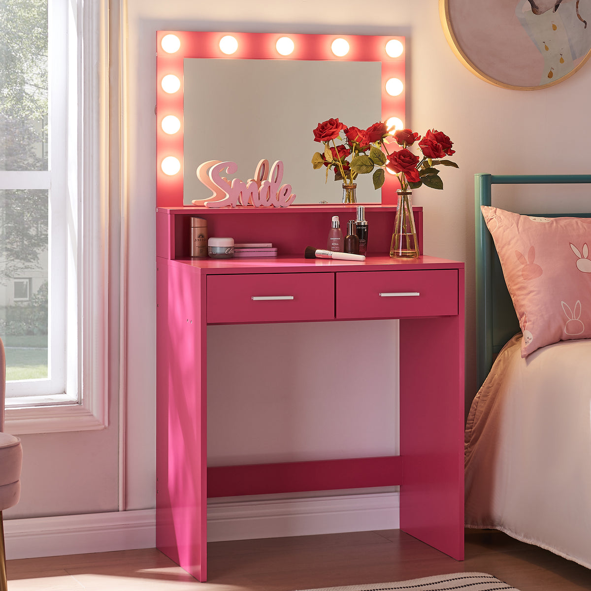 THE FURNITURE CO. Vanity Default Vanity Desk with Mirror and Lights, Large Drawer, 3 Lighting Modes for Makeup in Rose Pink