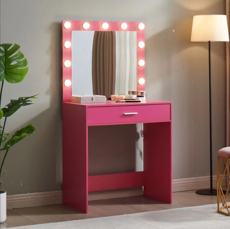 THE FURNITURE CO. Vanity Default Vanity Desk with Mirror and Lights, Large Drawer and 3 Adjustable Brightness Modes, Perfect for Bedroom In Pink