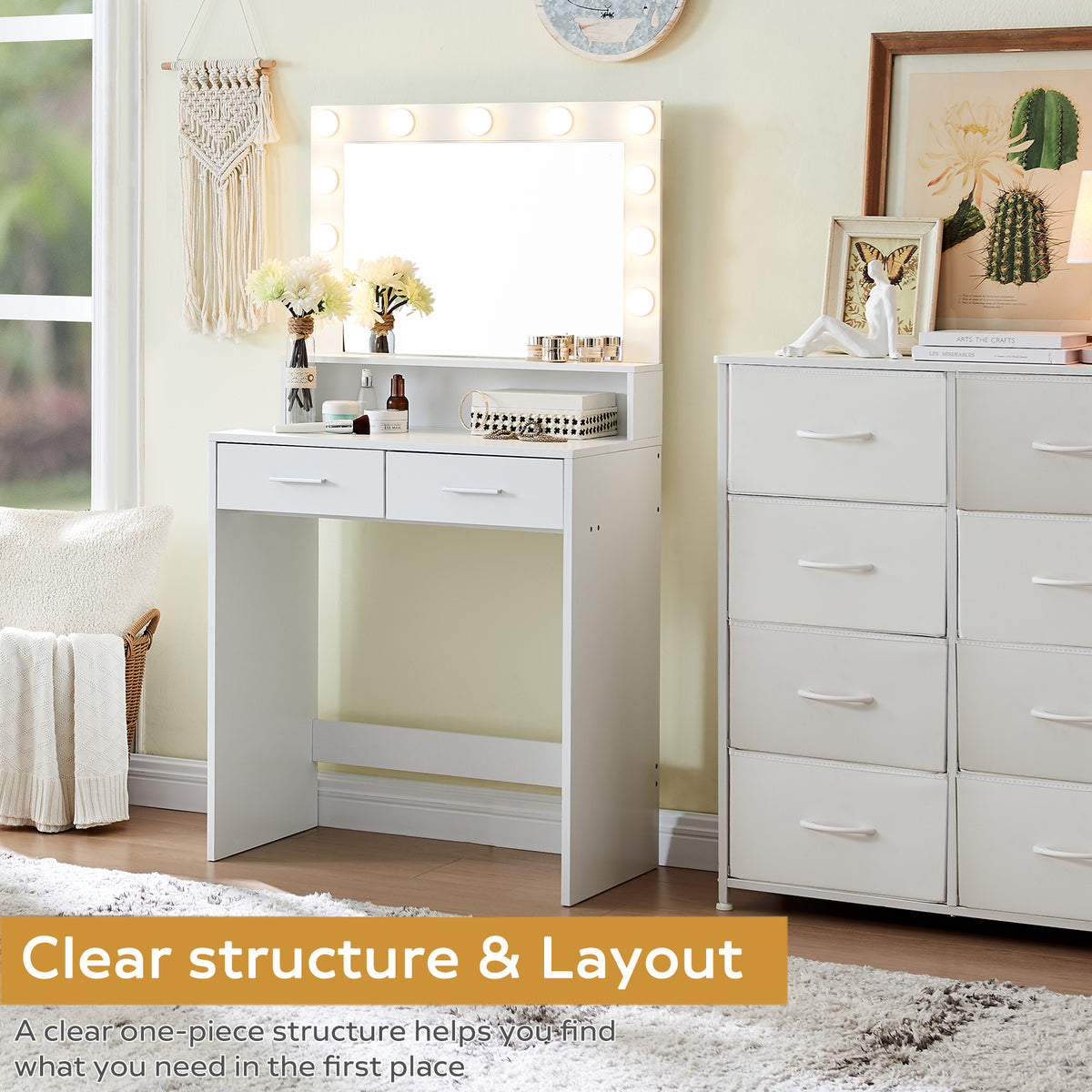 THE FURNITURE CO. Vanity Default Vanity Desk with Mirror and Lights, Large Drawer Dresser with 3 Adjustable Brightness Modes for Organized Bedroom In White