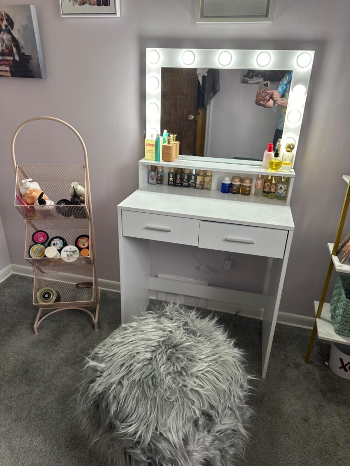 THE FURNITURE CO. Vanity Default Vanity Desk with Mirror and Lights, Large Drawer Dresser with 3 Adjustable Brightness Modes for Organized Bedroom In White