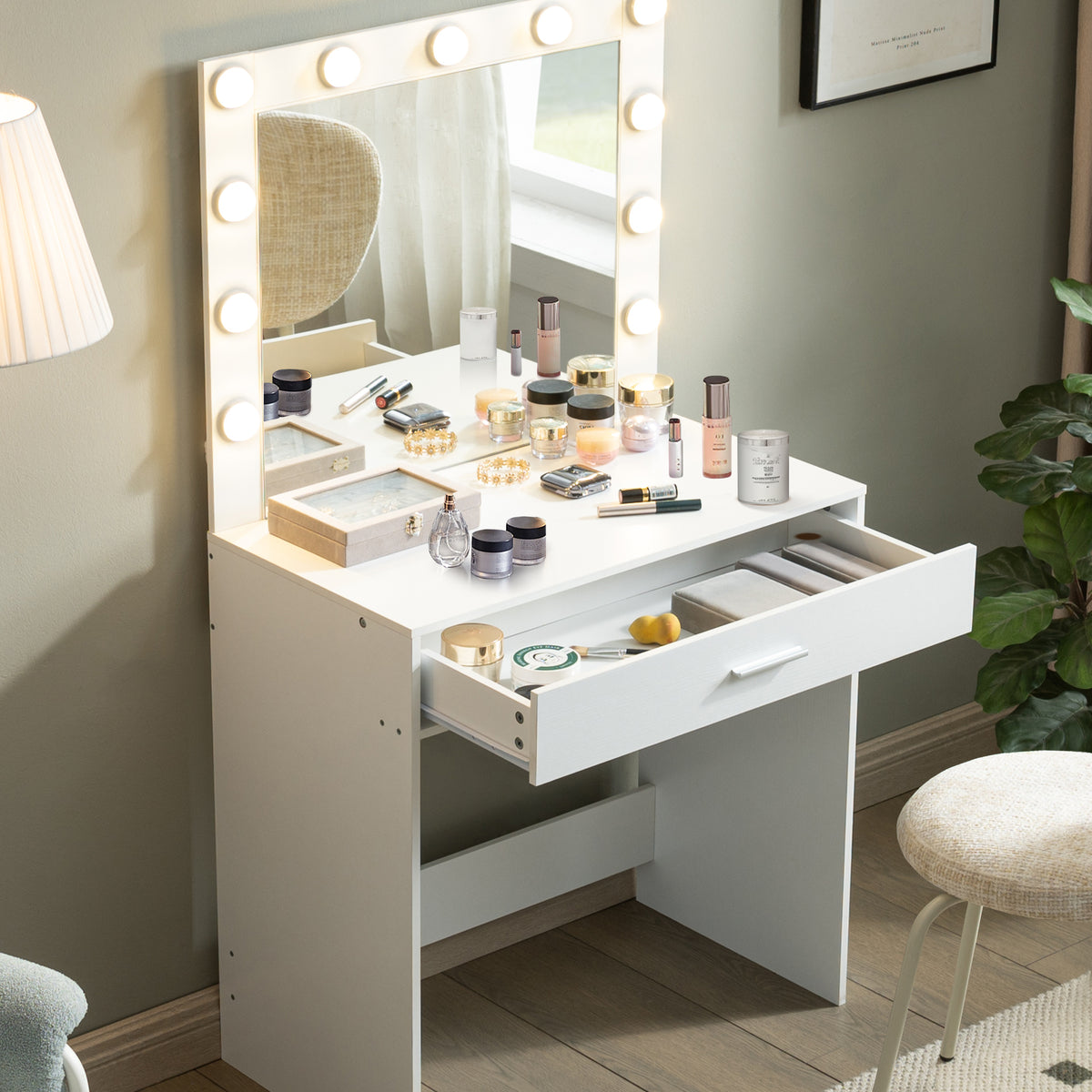 THE FURNITURE CO. Vanity Default Vanity Desk with Mirror and Lights Large Drawer Dresser with Adjustable Brightness In White