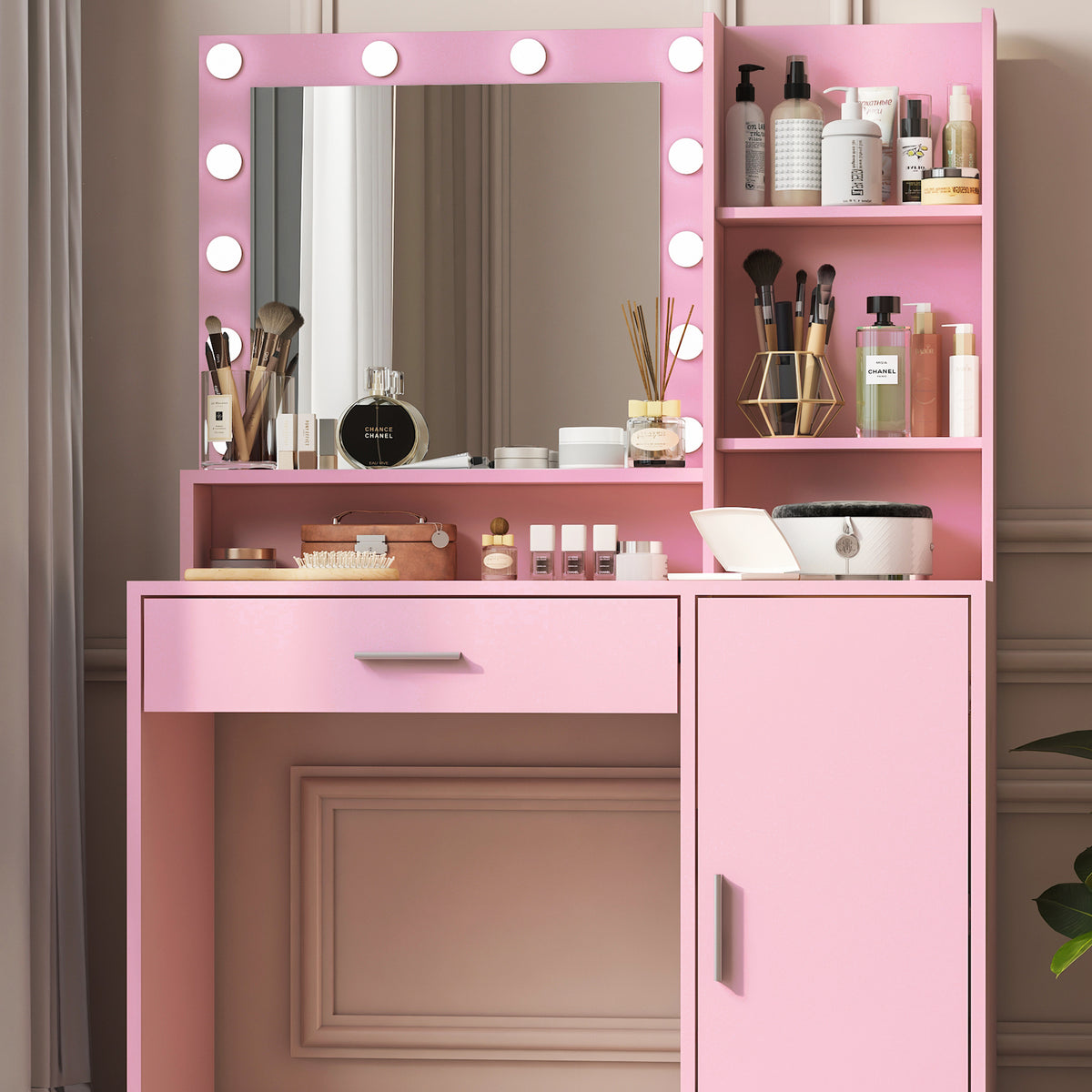 THE FURNITURE CO. Vanity Default Vanity Desk with Mirror &amp; Light, Adjustable Brightness, Large Drawer Three Level Storage Dresser In Pink