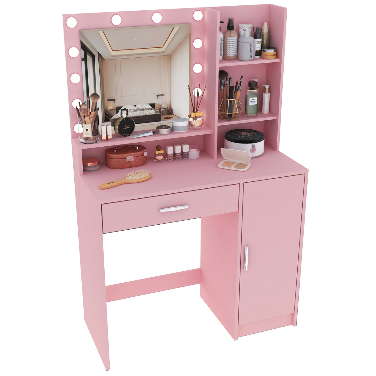 THE FURNITURE CO. Vanity Default Vanity Desk with Mirror &amp; Light, Adjustable Brightness, Large Drawer Three Level Storage Dresser In Pink