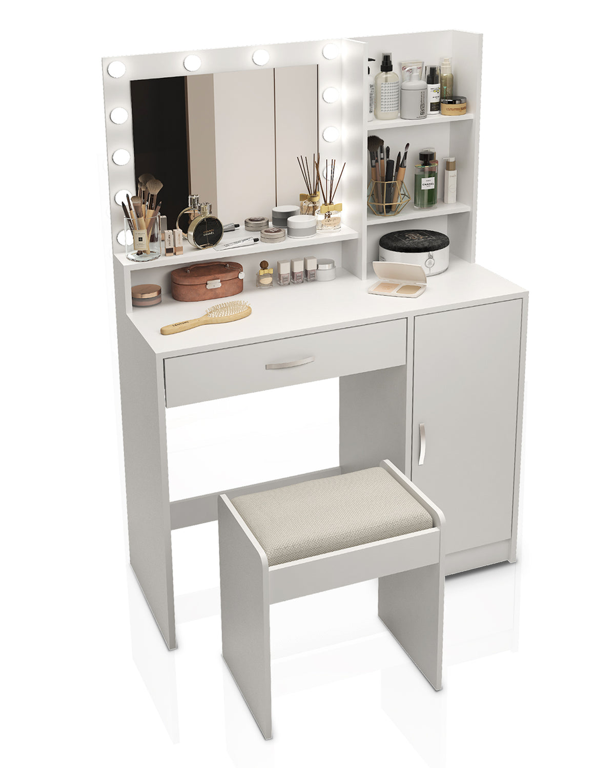 THE FURNITURE CO. Vanity Default Vanity Desk with Mirror &amp; Light, Large Drawer Storage Dresser, 3 Adjustable Brightness Modes, Bedroom Dressing Table In White