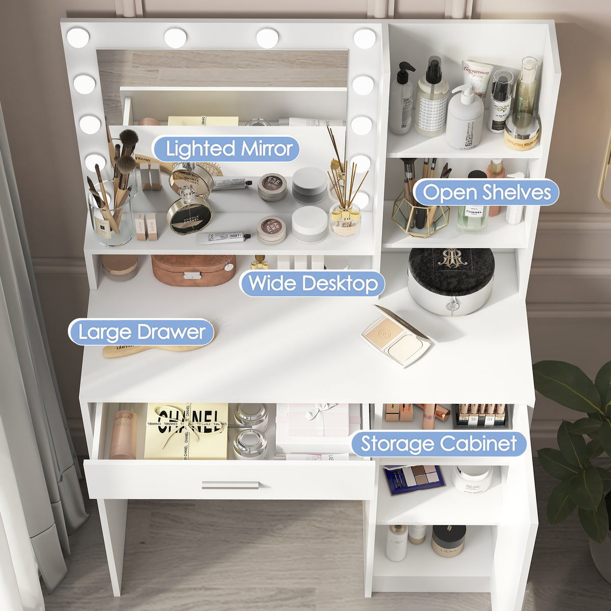 THE FURNITURE CO. Vanity Default Vanity Desk with Mirror &amp; Light, Large Drawer Storage Dresser, 3 Adjustable Brightness Modes, Elegant Bedroom Dressing Table In White