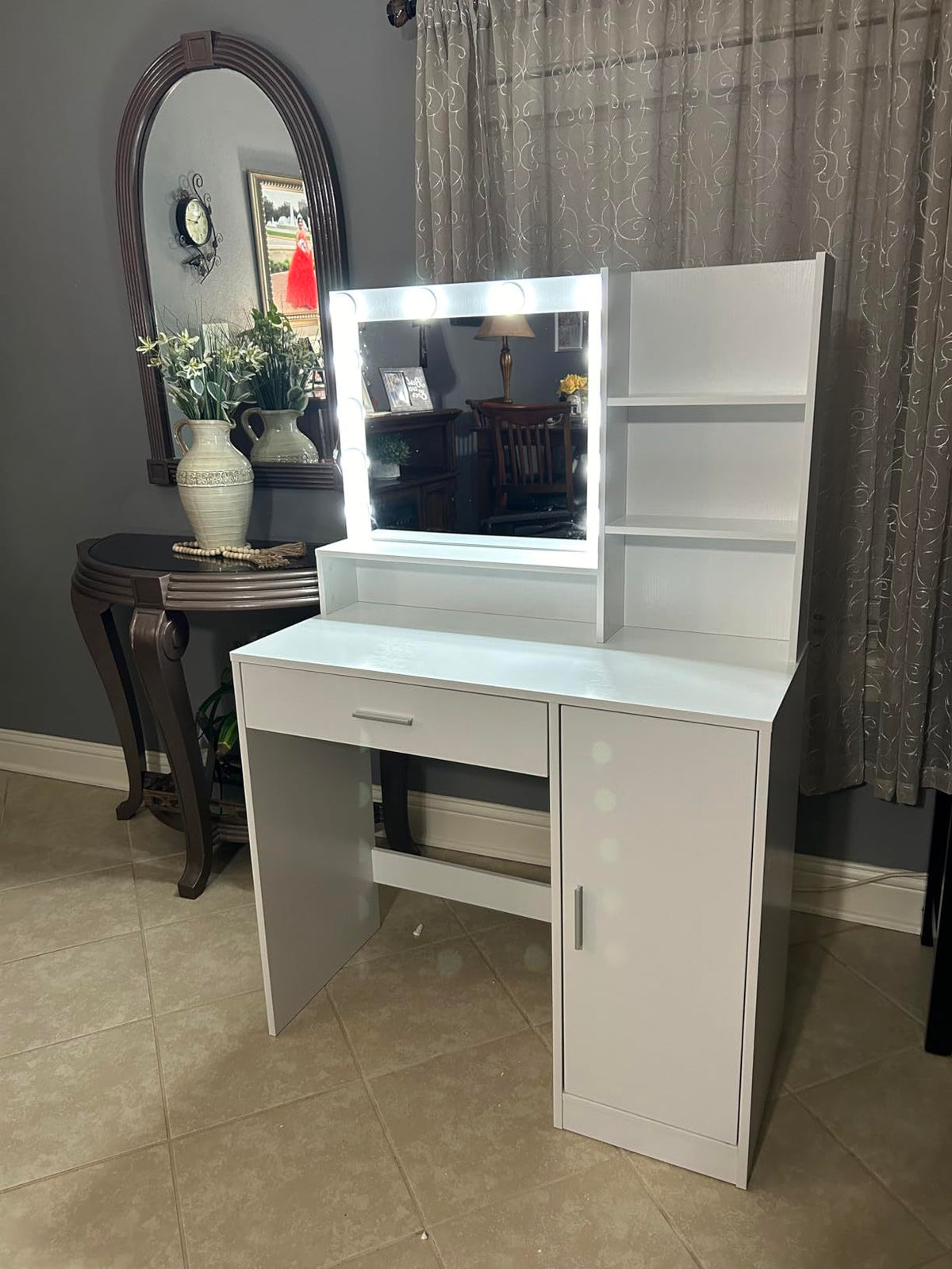 THE FURNITURE CO. Vanity Default Vanity Desk with Mirror &amp; Light Large Drawer Storage Dresser Three Lighting Modes Adjustable Brightness In White
