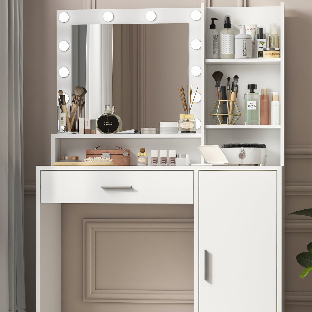 THE FURNITURE CO. Vanity Default Vanity Desk with Mirror &amp; Light Large Drawer Storage Dresser Three Lighting Modes Adjustable Brightness In White