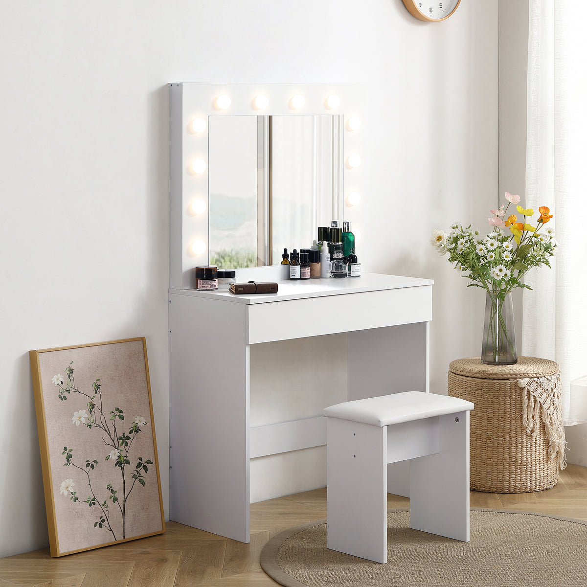 THE FURNITURE CO. Vanity Default Vanity Table With Large Lighted Mirror And Drawer In White