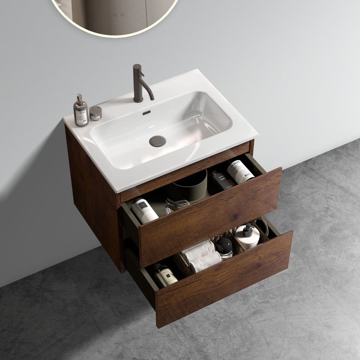 THE FURNITURE CO. Vanity Default Wall Mount 24 Walnut Bathroom Vanity with Ceramic Sink Large Storage Floating Design Pre-assembled In Walnut