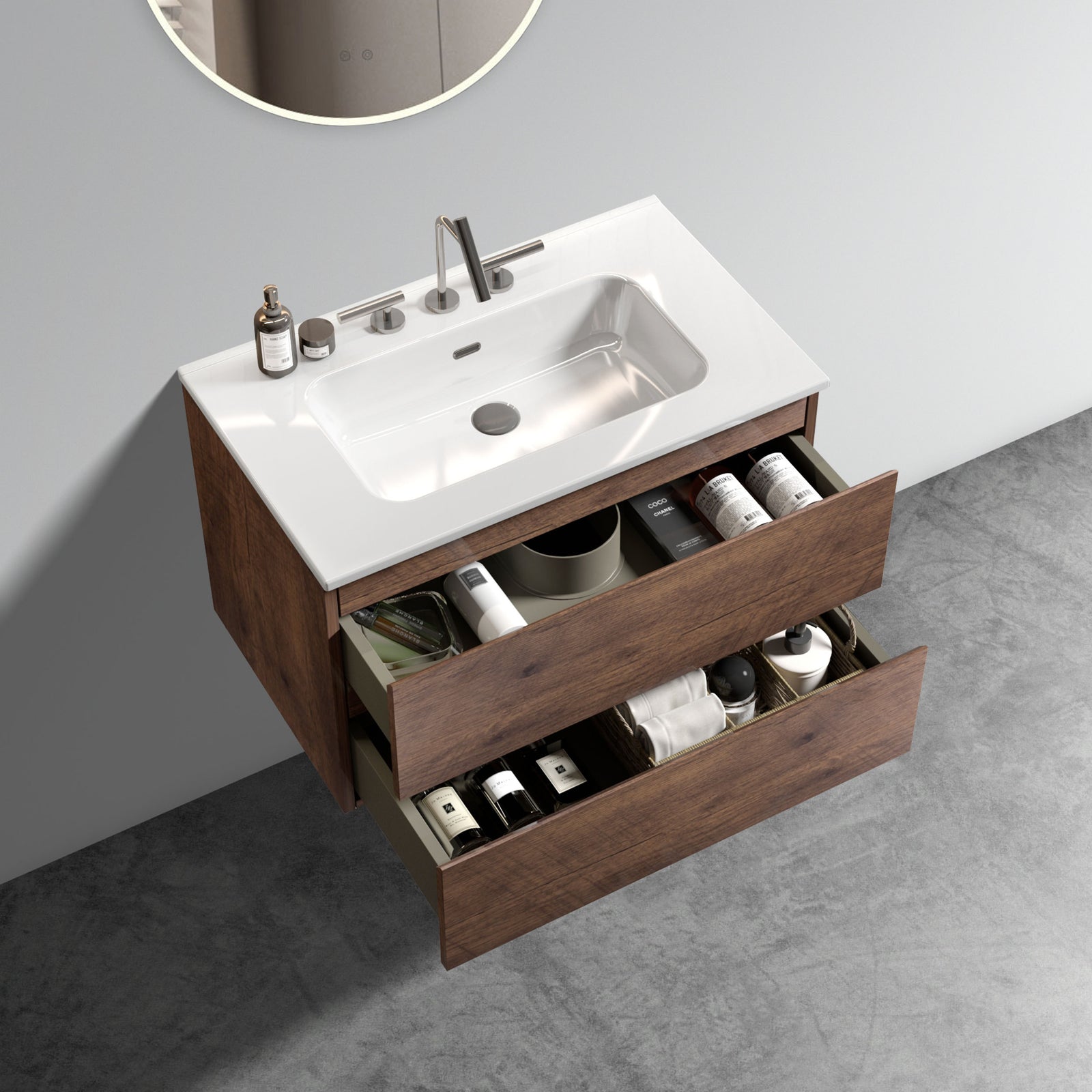 THE FURNITURE CO. Vanity Default Wall Mount 30' Walnut Bathroom Vanity with Ceramic Sink Large Storage Floating Vanity for Modern Bathroom In Walnut