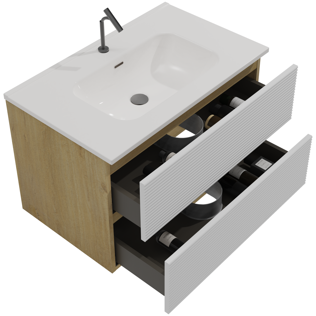 THE FURNITURE CO. Vanity Default Wall Mounted Snow White Matt Natural Oak Bathroom Vanity with Integrated Ceramic Sink Large Storage In Snow White and Light Oak