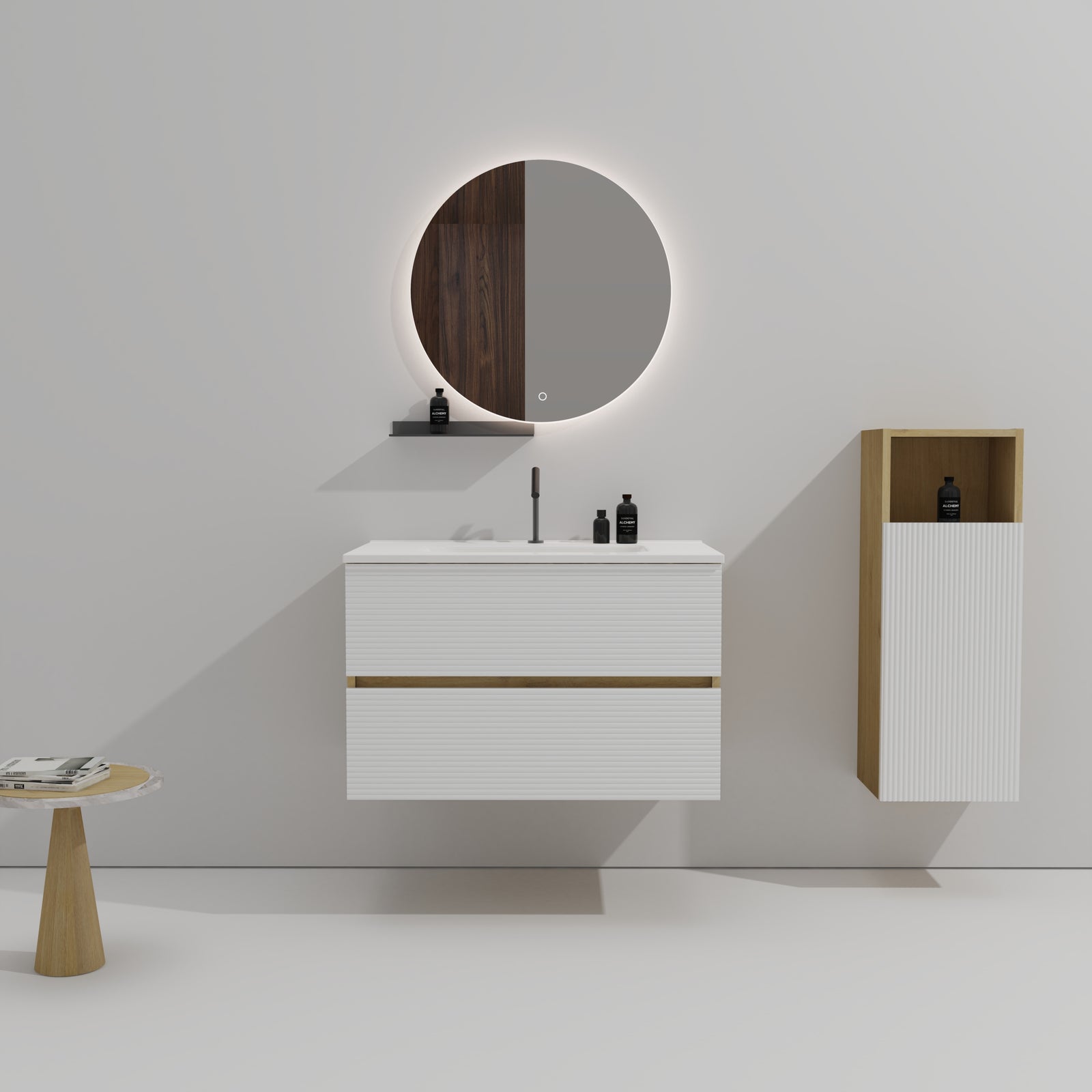 THE FURNITURE CO. Vanity Default Wall Mounted Snow White Matt Natural Oak Bathroom Vanity with Integrated Ceramic Sink Large Storage In Snow White and Light Oak