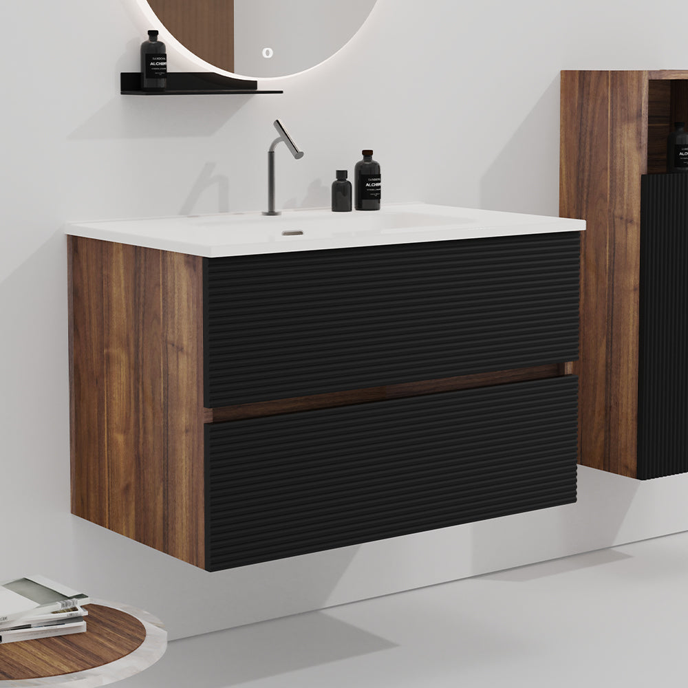 THE FURNITURE CO. Vanity Default Wall Mounted Soft Black Walnut Bathroom Vanity with Integrated Sink Large Storage Floating Design In Soft Black and Walnut