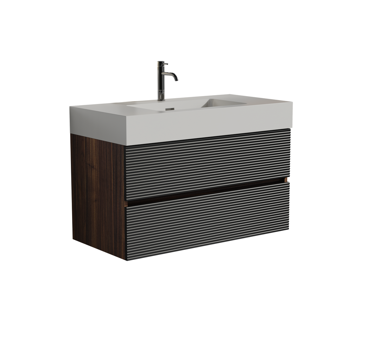 THE FURNITURE CO. Vanity Default Walnut Bathroom Vanity with Glossy White Sink Soft Black Drawers Wall Mounted Design In Walnut And Black