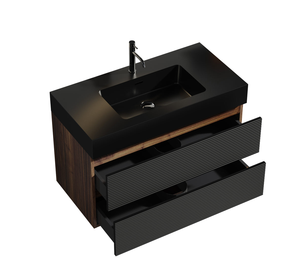 THE FURNITURE CO. Vanity Default Walnut Bathroom Vanity With Matt Black Sink Soft Black Drawers Wall Mounted Floating Design In Black And Walnut