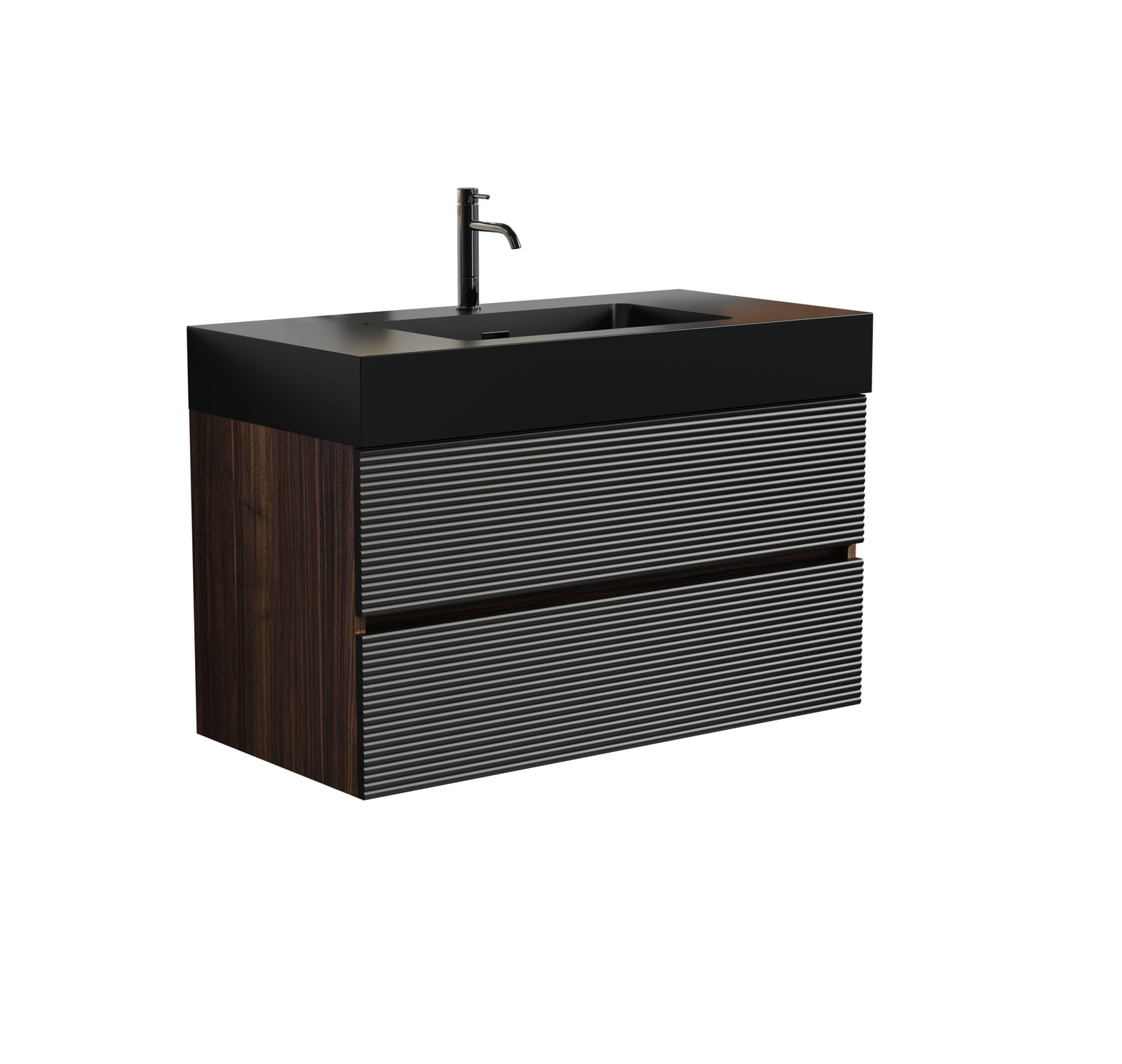THE FURNITURE CO. Vanity Default Walnut Bathroom Vanity With Matt Black Sink Soft Black Drawers Wall Mounted Floating Design In Black And Walnut