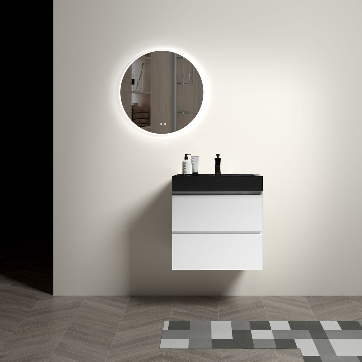 THE FURNITURE CO. Vanity Default White Bathroom Vanity with Large Storage Wall Mounted Floating Design One-Piece Black Sink Basin Pre-assembled In White
