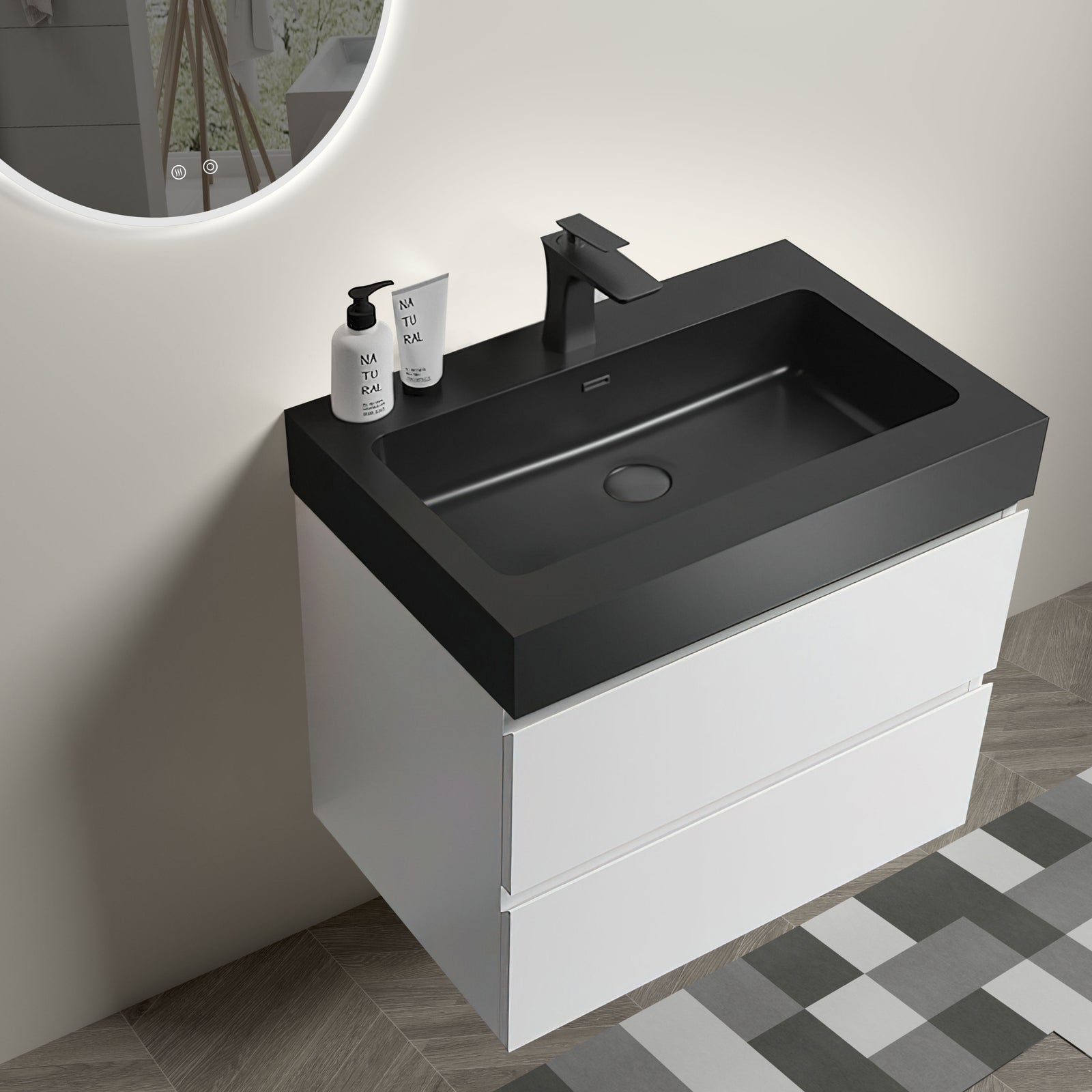 THE FURNITURE CO. Vanity Default White Bathroom Vanity with Large Storage Wall Mounted Floating Design One-Piece Black Sink Basin Pre-assembled In White