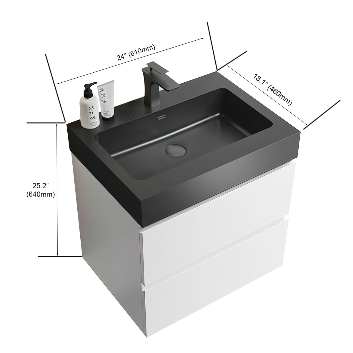 THE FURNITURE CO. Vanity Default White Bathroom Vanity with Large Storage Wall Mounted Floating Design One-Piece Black Sink Basin Pre-assembled In White