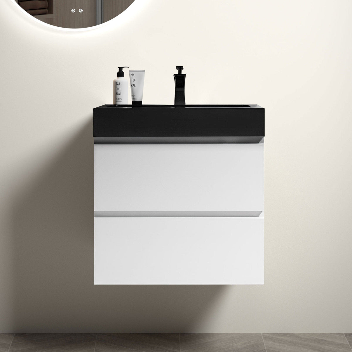THE FURNITURE CO. Vanity Default White Bathroom Vanity with Large Storage Wall Mounted Floating Design One-Piece Black Sink Basin Pre-assembled In White