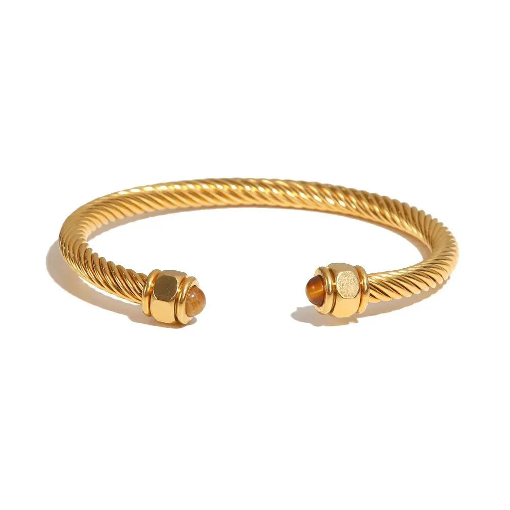 Twisted gem stone ends bangle bracelet