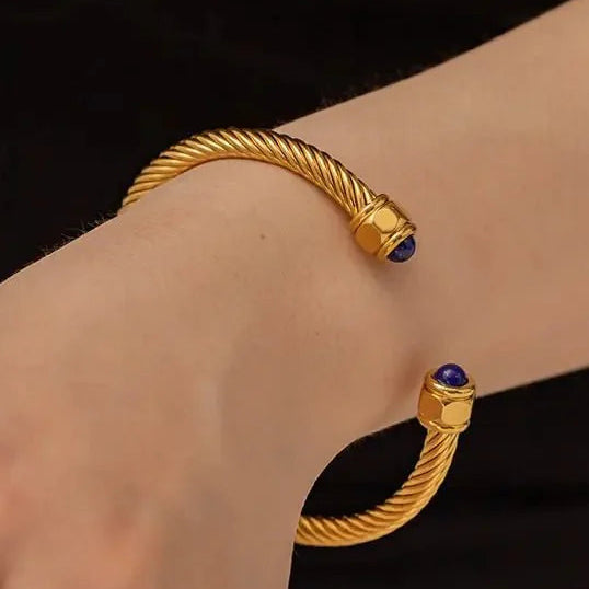 Twisted Gem Stone Ends Bangle Bracelet