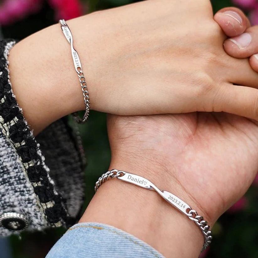 Twisted Name & Date Couples Bracelets