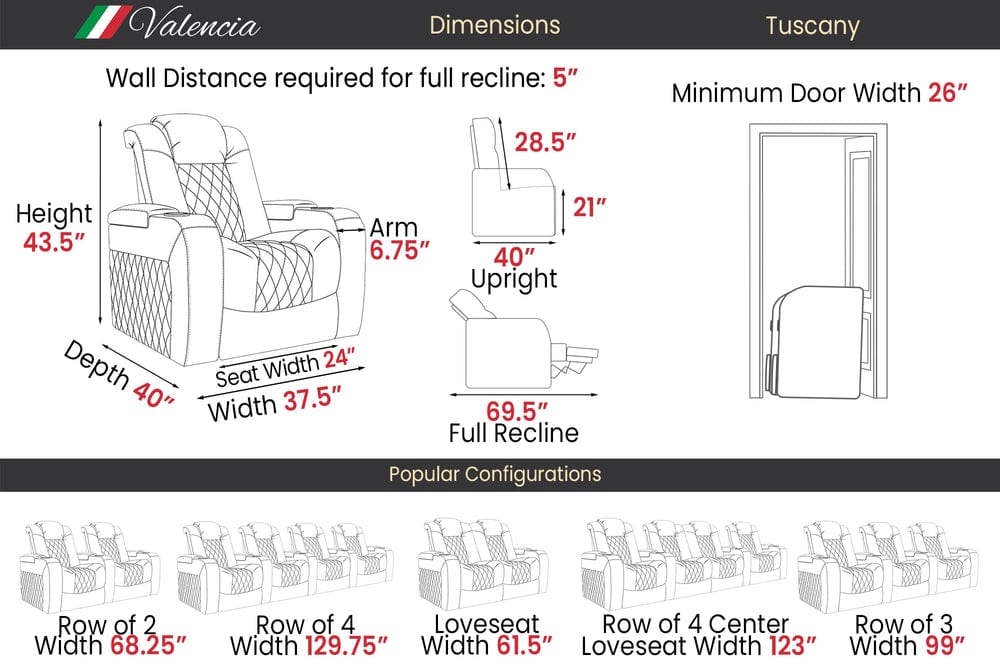 Valencia Home Theater Seating Home Theater Seating Tuscany Heat & Massage Leather Home Theater Seating with Power Headrest & Cup Holder