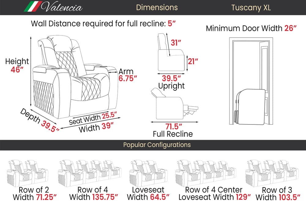 Valencia Home Theater Seating Home Theater Seating Tuscany XL Ultimate Leather Home Theater Seating with Power Headrest & Cup Holder