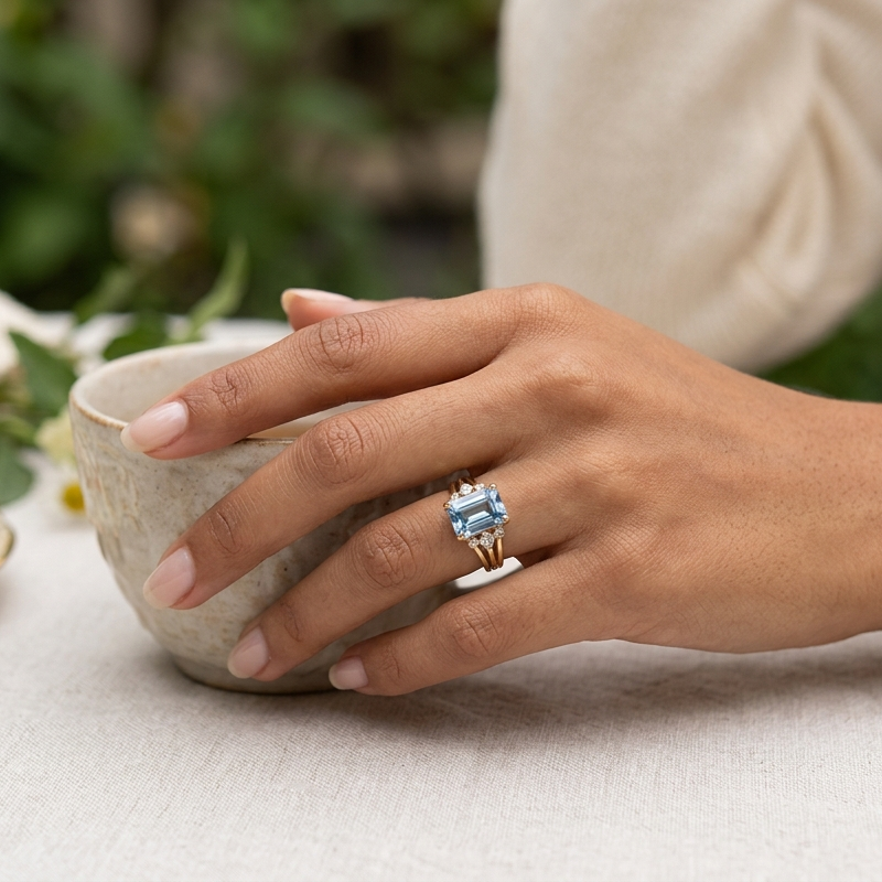Zirconia Ring With Blue Emerald-Cut Stone on Triple Gold Band