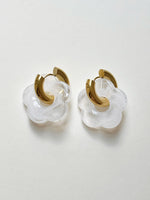Load image into Gallery viewer, White Donut Hoop Earrings with Flower Charm
