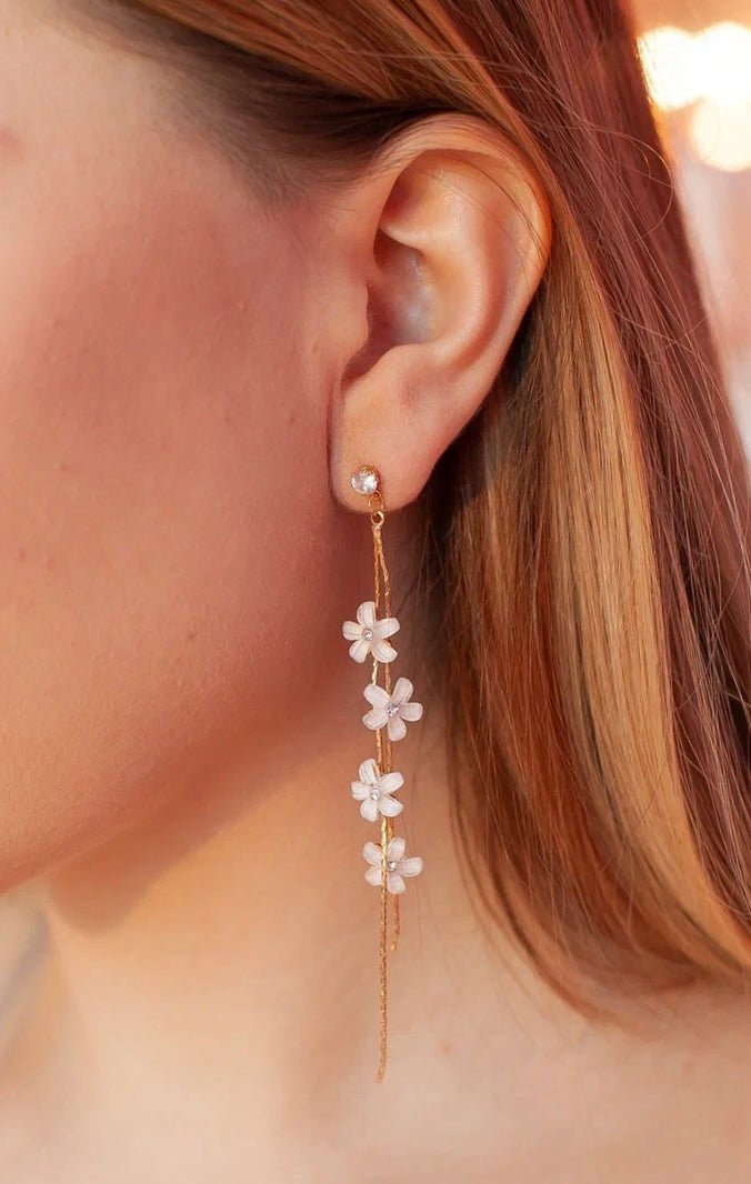 White Flower Gold Thread Earrings